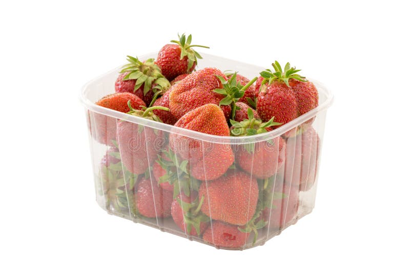 Fresas orgánicas maduras frescas en paquete al por menor plástico transparente Aislado en el fondo blanco con la trayectoria de r