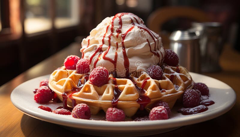 Freschezza e dolcezza su una piastra di waffé fatta in casa generata da ai illustrazione di stock