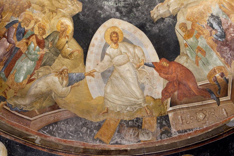 Fresco bizantino antiguo de Jesús, de Adán y de Eva en la iglesia del chora del santo en Constantinopla, ESTAMBUL, TURQUÍA imagenes de archivo
