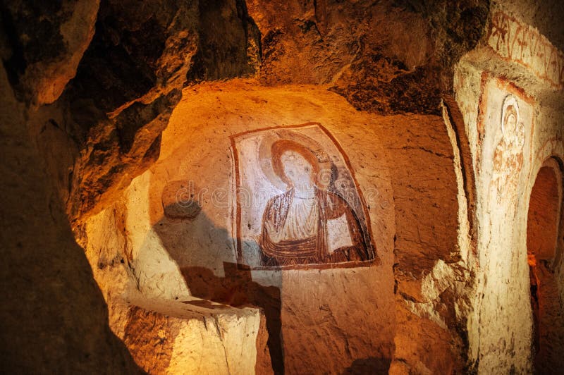 Fresco dentro da igreja da caverna, em Cappadocia, museu do ar livre de Goreme fotografia de stock royalty free Fresco dentro da igreja da caverna, em Cappadocia, museu do ar livre de Goreme fotografia de stock royalty free