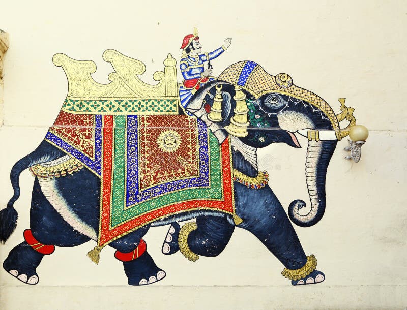 Fresco of elephant & rider in Udaipur, India. Udaipur is famous for its paintings on external walls of buildings. Here's a majestic elephant with rider royalty free stock image Fresco of elephant & rider in Udaipur, India. Udaipur is famous for its paintings on external walls of buildings. Here's a majestic elephant with rider royalty free stock image