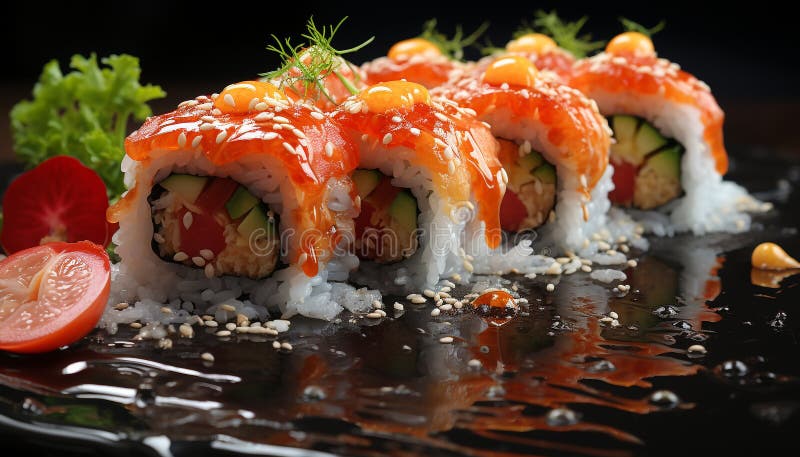 Fresco enrollado en un plato maki sushi saludable comida generada por ai stock de ilustración