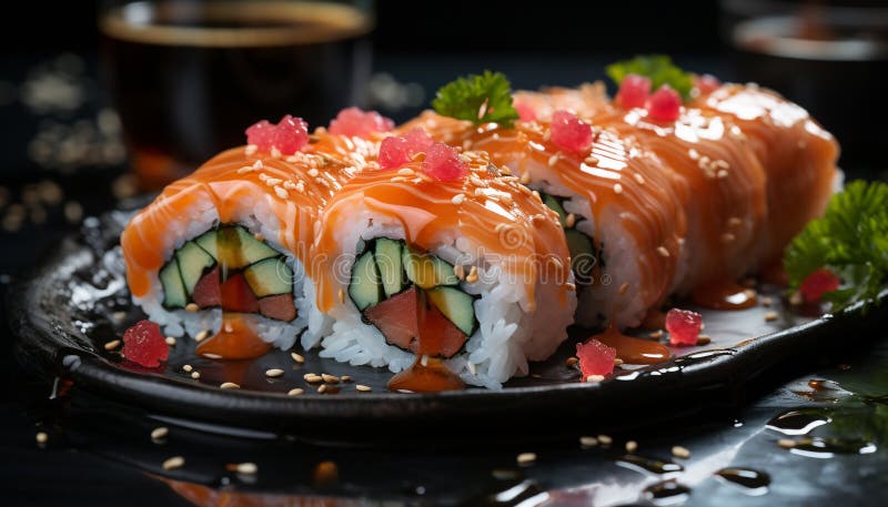 Fresco enrollado en un plato sashimi slice saludable comida generada por ai libre illustration