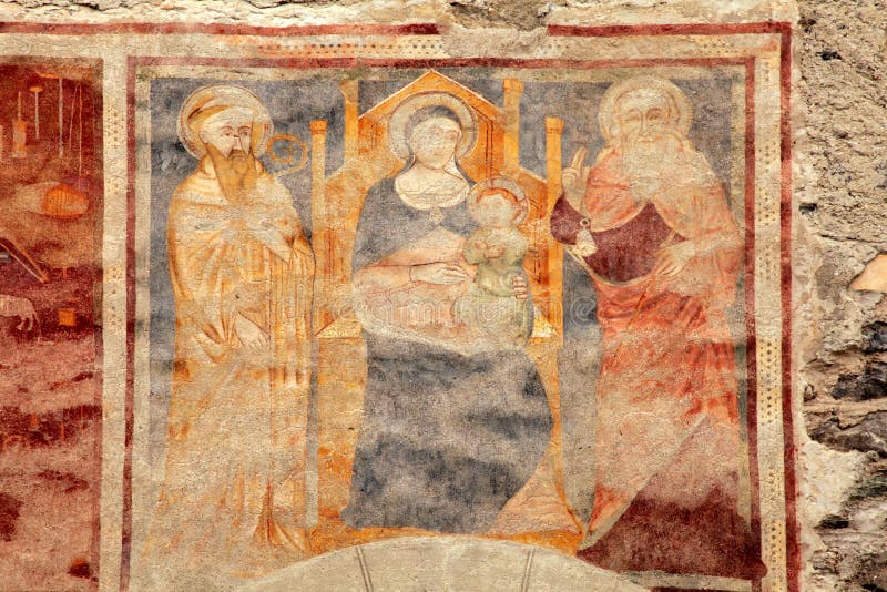 Fresco medieval en la pared de la iglesia, Italia de la religión foto de archivo libre de regalías