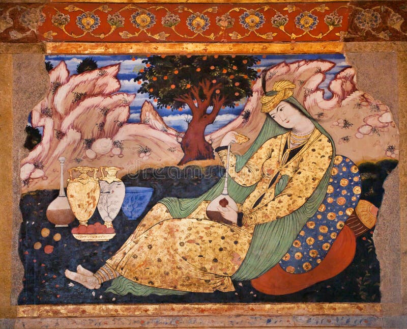 Fresco velho com imagem da mulher persa bonita com os jarros no palácio Chehel Sotoun