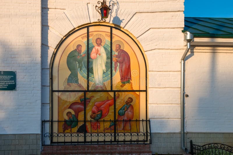 Fresco on the wall of the Gate Church of St. Cyril Belozersky in the Transfiguration Monastery royalty free stock photo