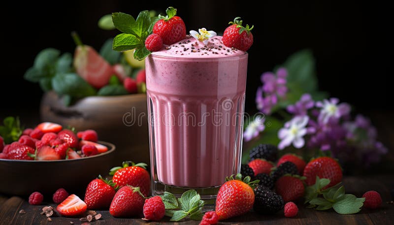Frescura del verano en un postre sano de fresa suave generado por ai. Frescura del verano en un postre suave de fresa saludable generado por la inteligencia artificial ai generada