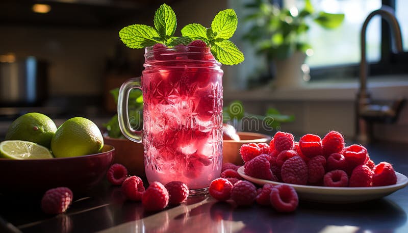 Frescura del verano en un sano cóctel de frambuesa en la mesa generado por ai fotografía de archivo