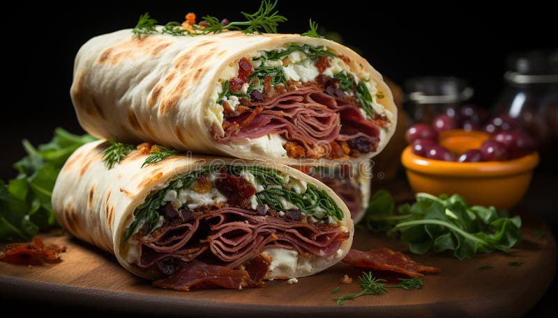Frescura y especias enrolladas en un taco de carne a la parrilla generado por ai imagenes de archivo