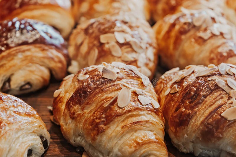 Fresh Almond and Chocolate Croissants at a Bakery Stock Photo Image