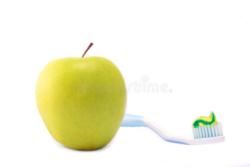 Fresh Apple with Toothbrush Isolated on White Stock Photo Image of