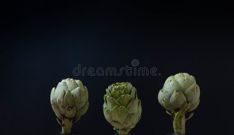 Fresh artichokes on a black background