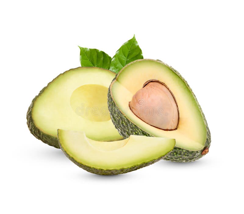 Fresh Avocado with Leaves Isolated on White Background Stock Photo
