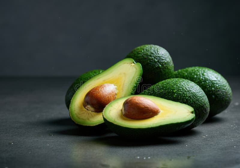 Fresh avocados cut in half, showcasing their creamy texture and seed royalty free stock photo