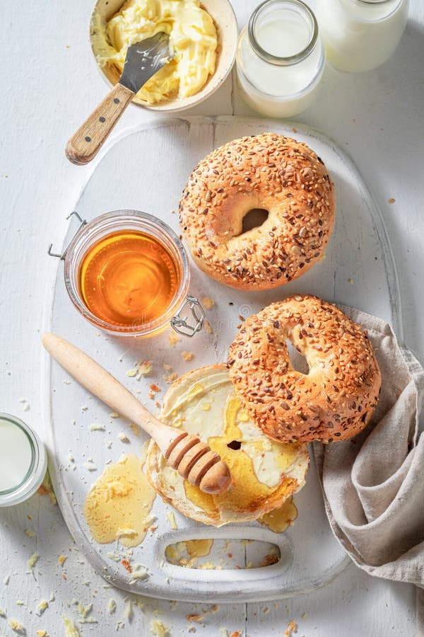 Fresh Bagel with Honey and Butter in the Morning Stock Image Image of