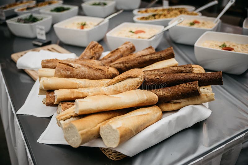 Fresh Baguettes on Buffet Table royalty free stock photo
