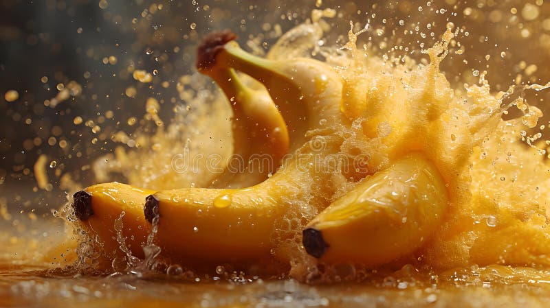 Banane proaspete stropite în apă cu mișcare dinamică. lovitură vibratoare cu efect tropical asupra fructelor. fotografie de mare v royalty free illustration