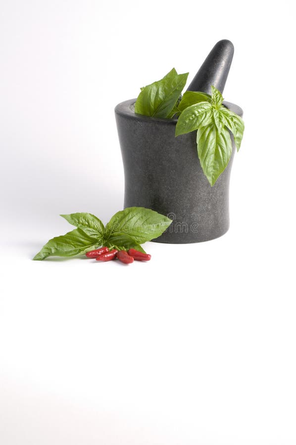 Fresh basil and Chilli in Mortar and Pestle