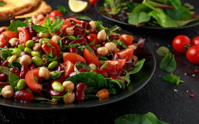 Fresh Beans Salad with Flatbread and Mix of Vegetables Stock Photo