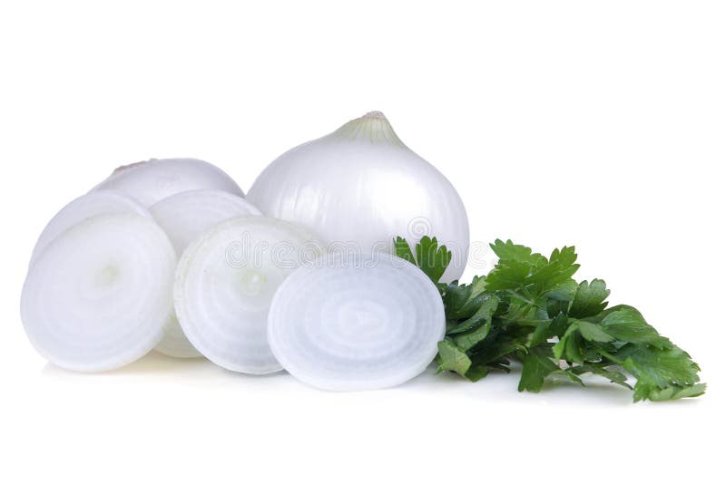 Beautiful white onion and parsley on white isolated background. vegetables stock photo