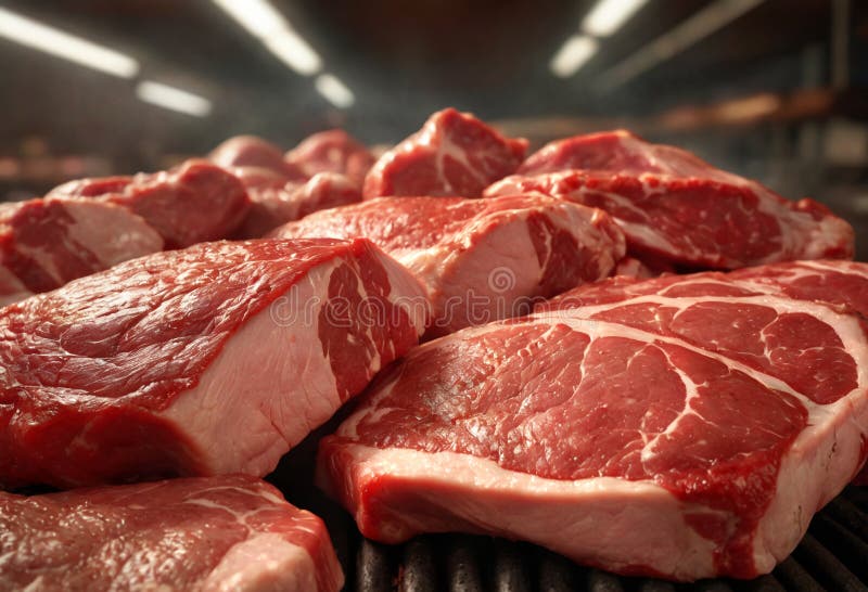 Fresh beef meat on the conveyor of the meat processing plant. Generative AI stock illustration