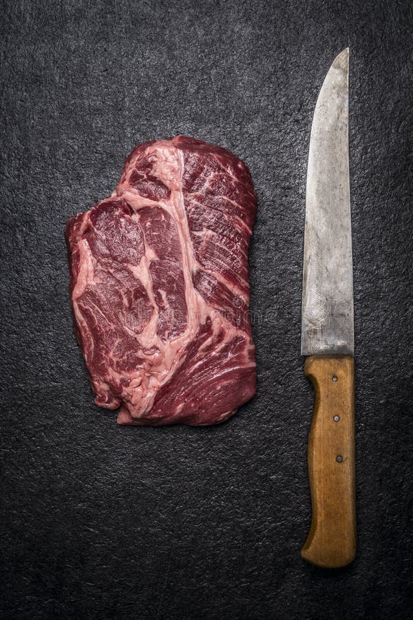 Fresh Beef Steak with Carving Knives on Dark Rustic Background Top View Stock Photo Image of