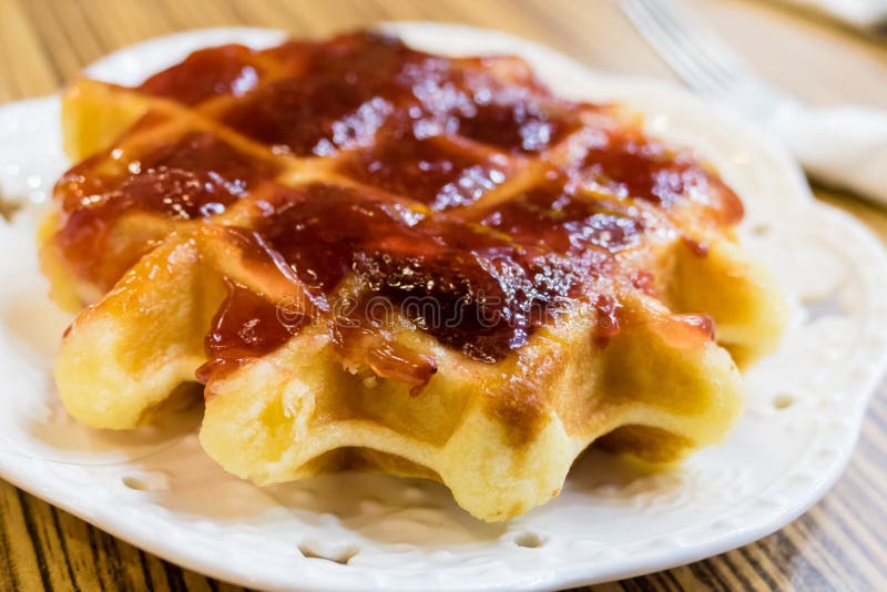 Fresh Belgian Liege Waffle with Strawberry Jam Stock Photo Image of nutrition, tasty 79525226