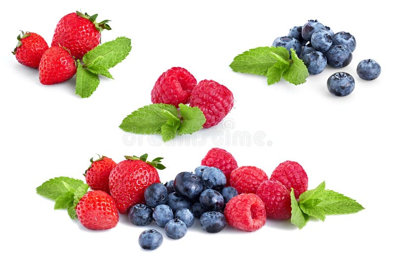 Fresh Berries Isolated on the White Background. Ripe Sweet Strawberry, Raspberry, Blueberry