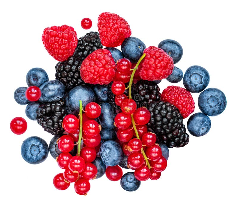 Fresh berries mix isolated on white background, top view. Strawberry, Raspberry, Red currant, Blueberry and Mint leaf, top view