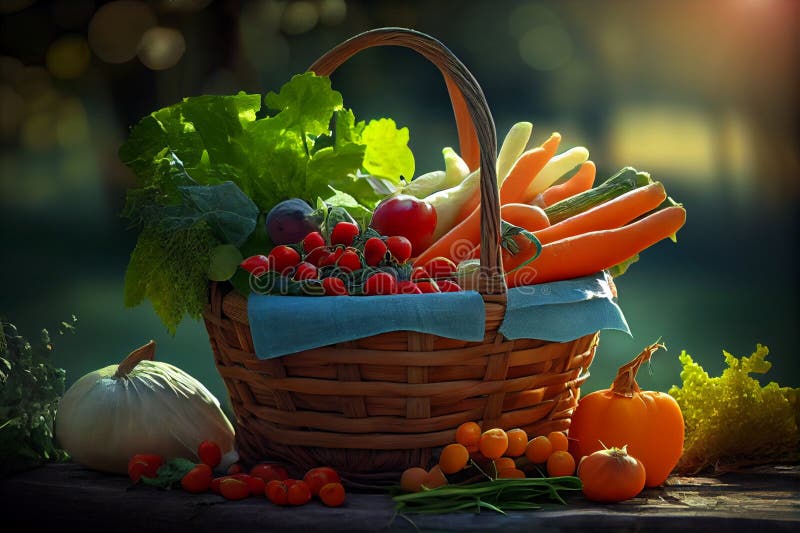 Fresh Bio Vegetable in a Basket Over Nature Background, AI Generated