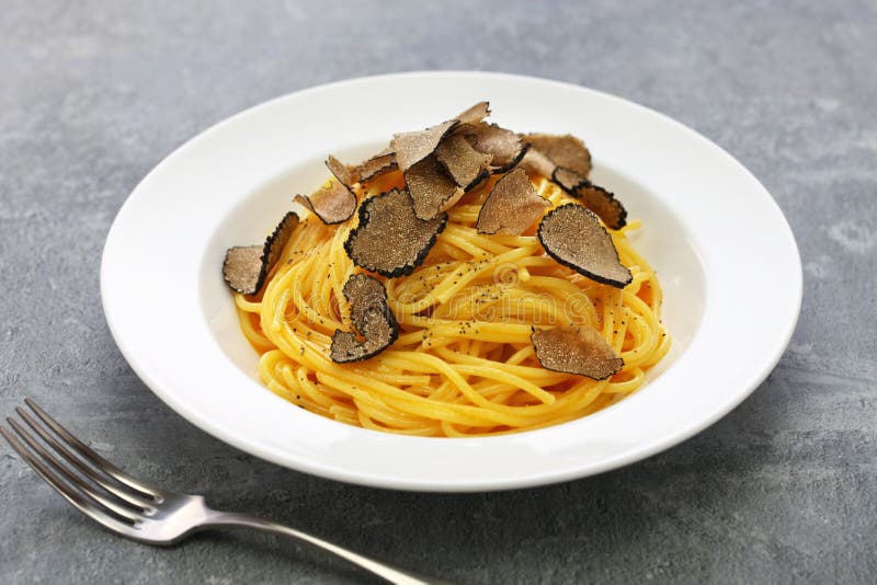 Carbonara Spaghetti with Fresh Black Truffle Stock Photo Image of