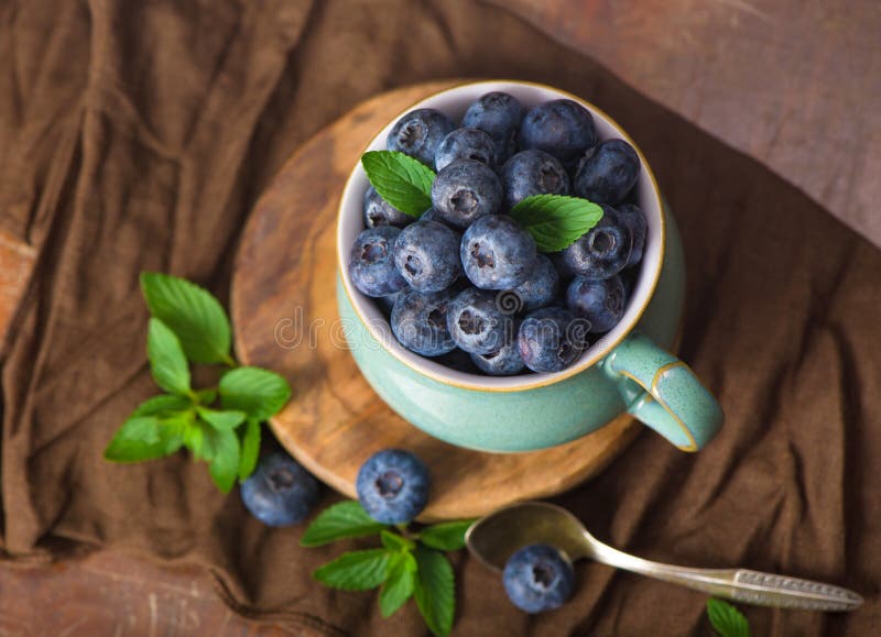 Fresh Blueberry in a Cup with Leaves of Mint Stock Photo Image of