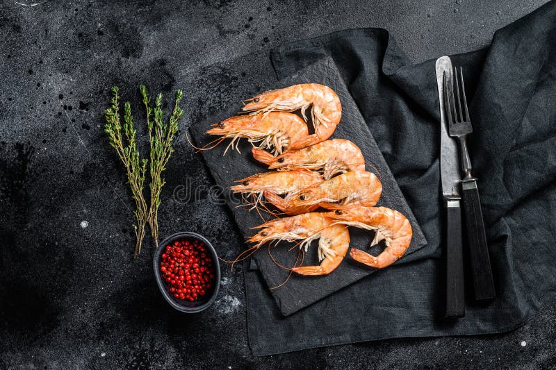 Fresh Boiled Prawns, Shrimps on a Stone Board. Black Background Stock ...