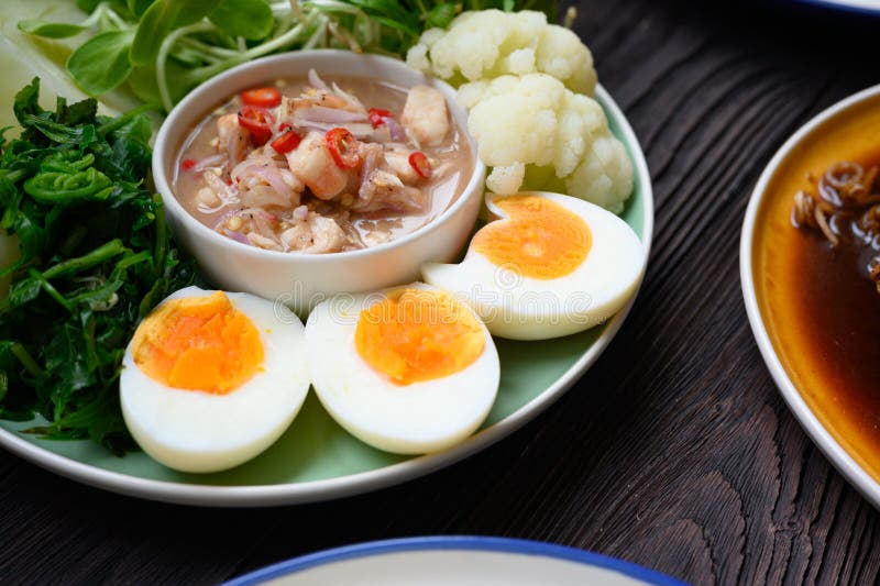 Fresh Boiled Shrimp Paste Sauce with Vegetables in Plate Stock Image ...