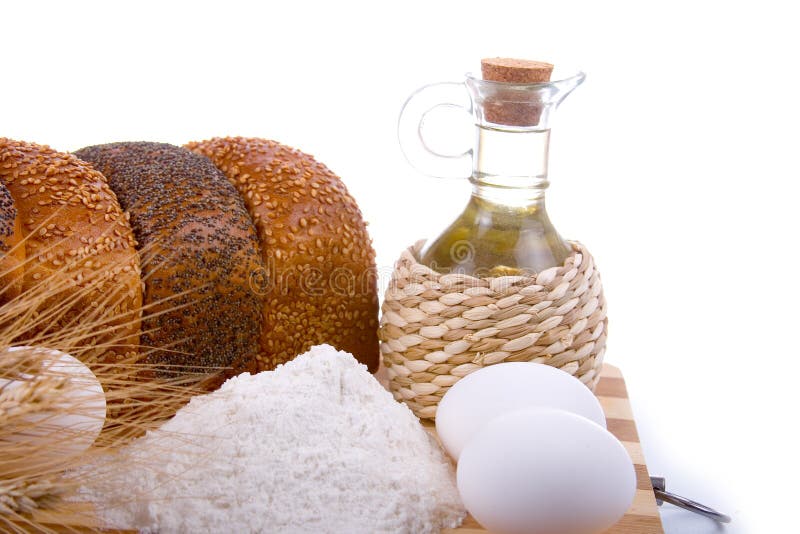 Fresh bread, eggs, flour and oil