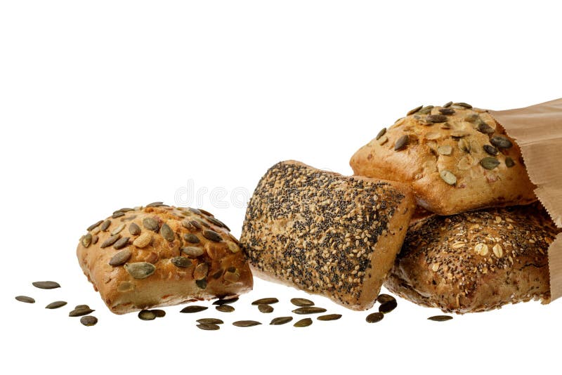 Fresh breakfast bread rolls with poppy seeds and pumpkin seeds  isolated on white background