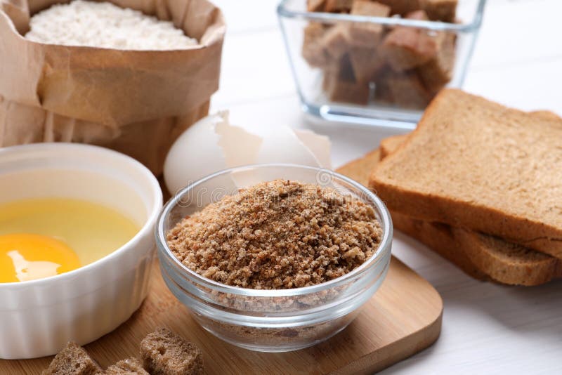 Fresh Breadcrumbs, Flour and Egg on Table Stock Image Image of