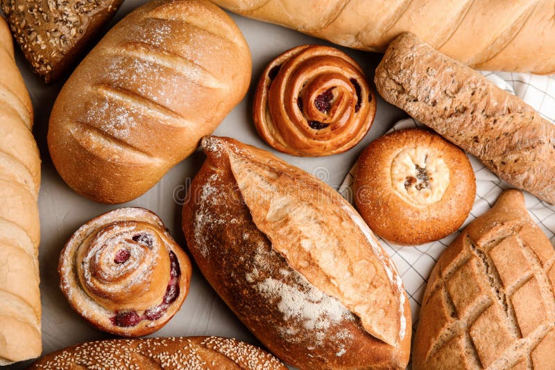 Fresh Breads and Pastries on Grey Background Stock Image - Image of tasty, loaf: 158717833