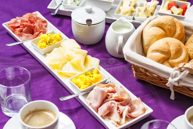 Fresh Breakfast or Brunch with Ham, Eggs, Bread, Yogurt, Fruits Stock Image Image of glass