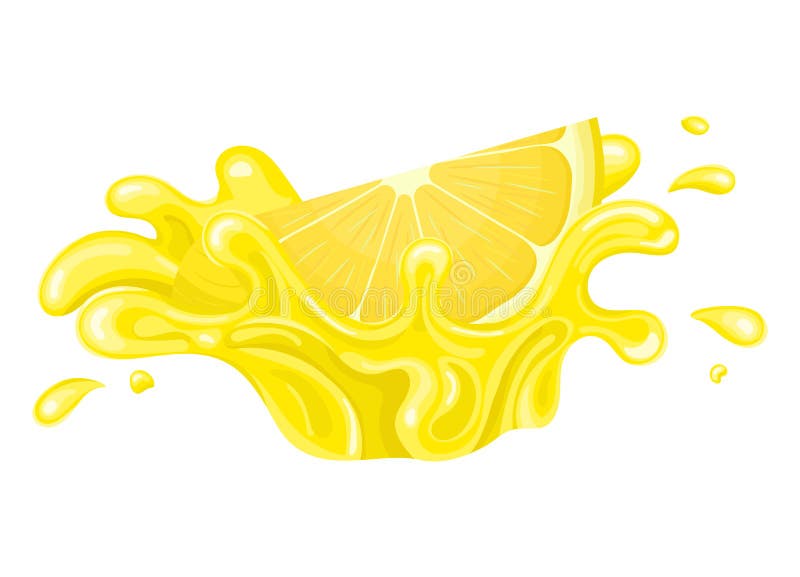 Fresh bright cut slice lemon juice splash burst isolated on white background. Summer fruit juice. Cartoon style. Vector