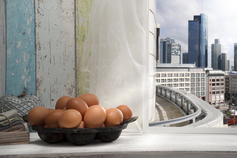 Fresh Brown Eggs on Window Sill, in the City Stock Photo Image of