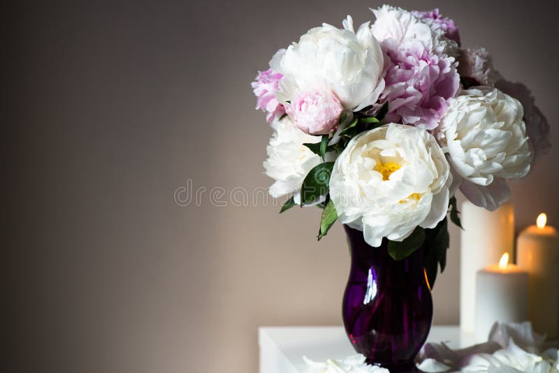 Fresh bunch of pink and white peonies