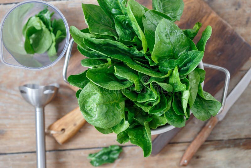 Fresh Bunch Spinach Leaves Blender Making Sauce Top View Stock Photo