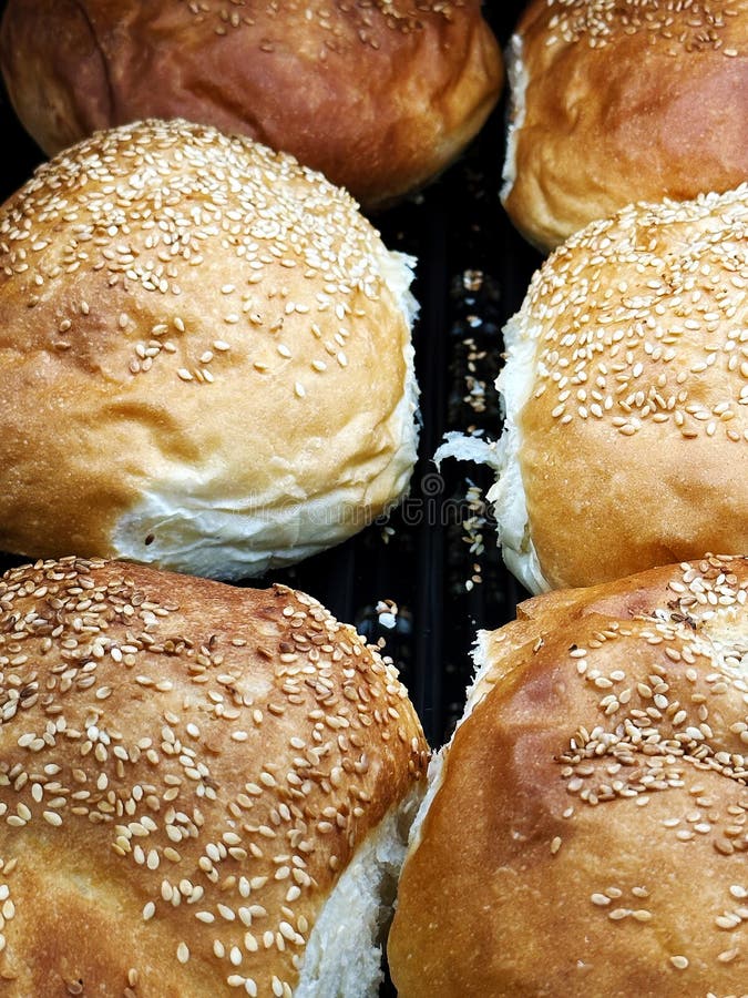 Fresh Buns with Sesame Seeds on the Bakery Counter Stock Photo Image of brown, shelf 267489432