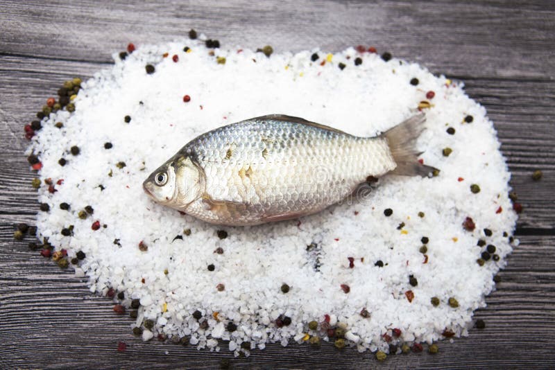 A fresh carp live fish lying on a on salt and pepper background with slices of lemon and with salt dill. Live fish crucian Carass