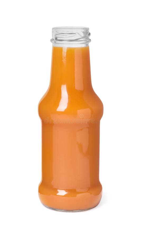 Fresh Carrot Juice in Glass Bottle Isolated on White Stock Photo