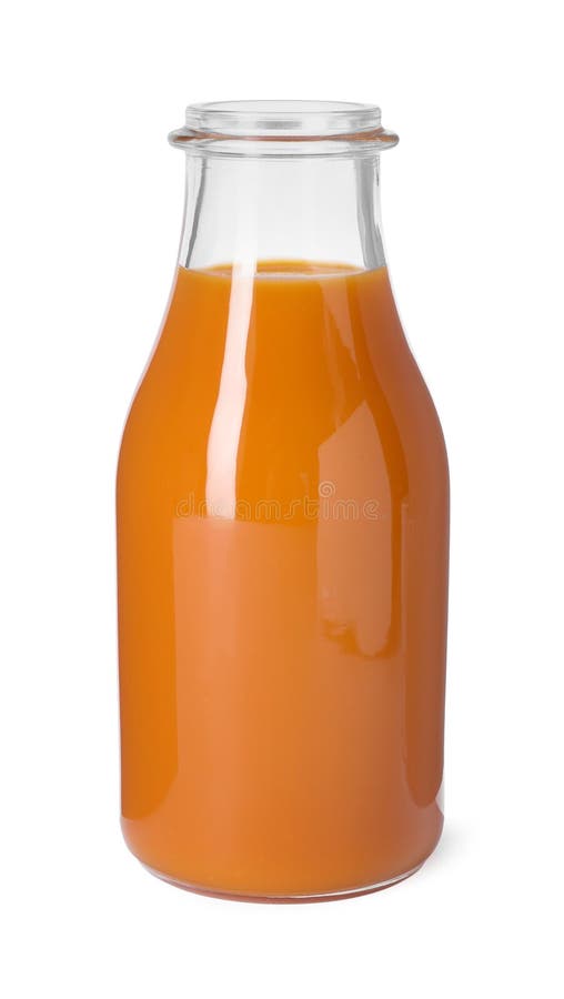Fresh Carrot Juice in Glass Bottle Isolated on White Stock Image