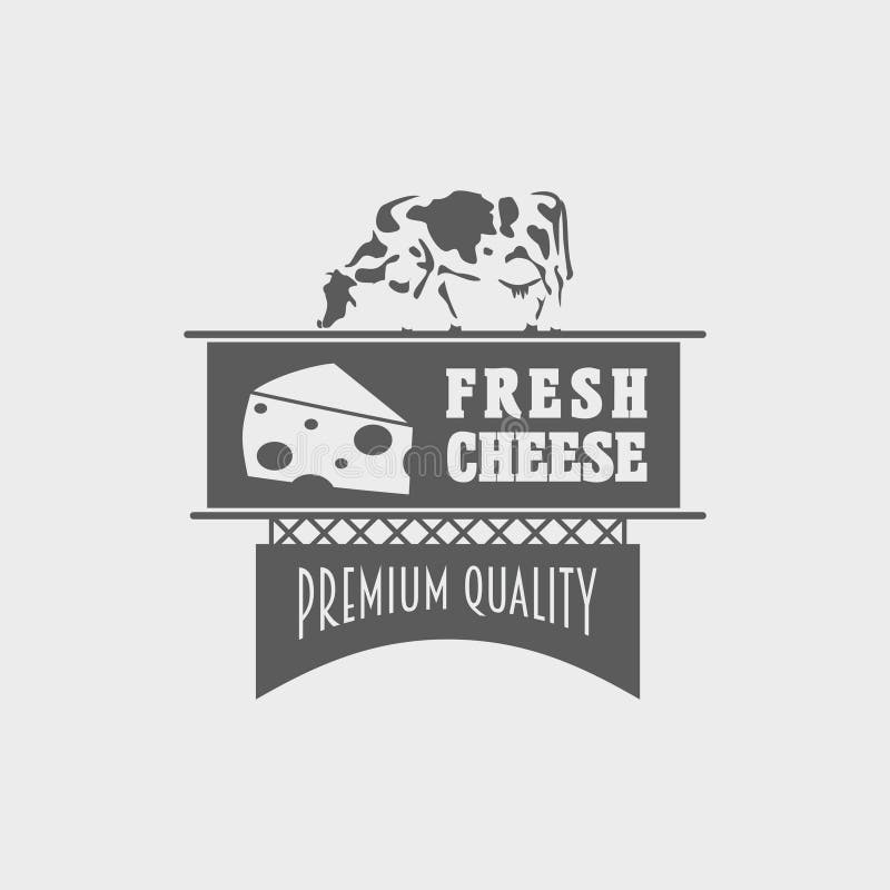 Fresh Cheese Vector Logo, Label or Badge Design Concept with Cow Stock