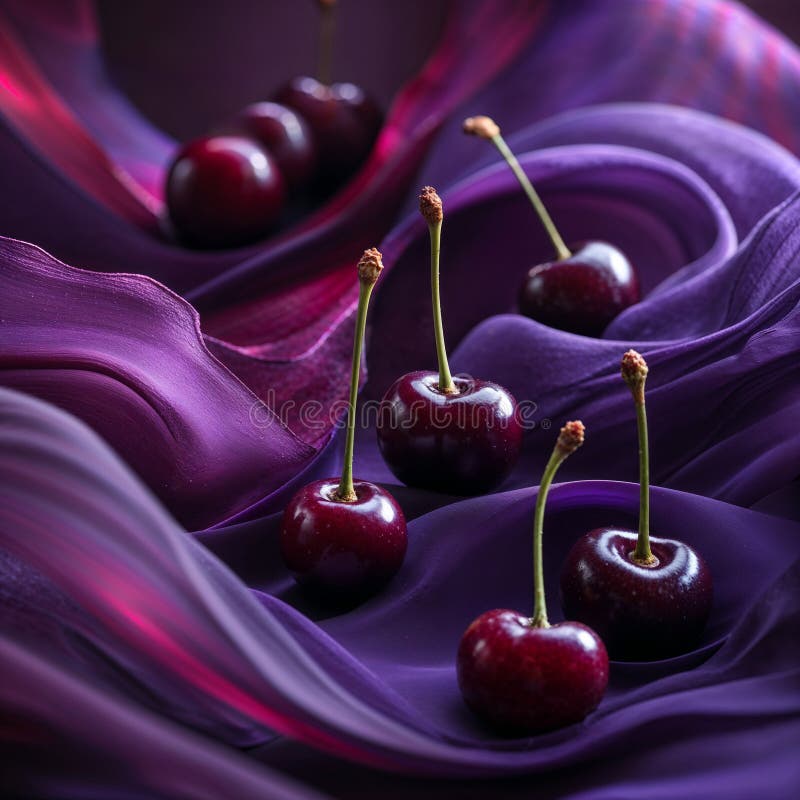 Close-Up of Fresh Cherries on Vibrant Purple Fabric with Dramatic Lighting stock illustration