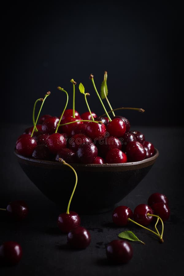 Fresh Cherry On Black Background Stock Photo Image of ripe, rural